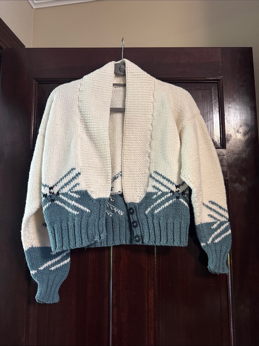 Vintage Cream and Teal Shawl Collar Knit Cardigan Sweater